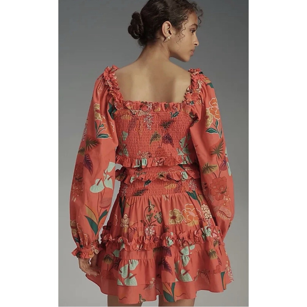 Farm Rio Smocked Ruffle Mini Dress M Coral Tropical Floral Puff Sleeve - Picture 2 of 14